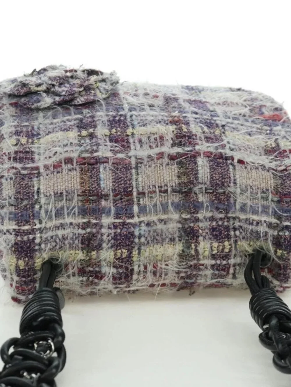 CHANEL Chain Camelia Shoulder Bag Tweed Purple Silver CC Auth LNZ320SAv